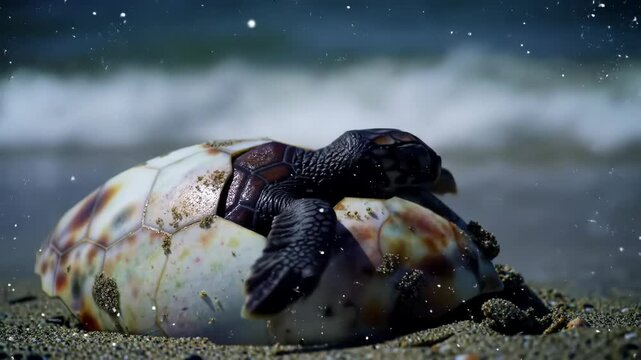 Sea turtle hatching from egg on beach, ocean waves in background