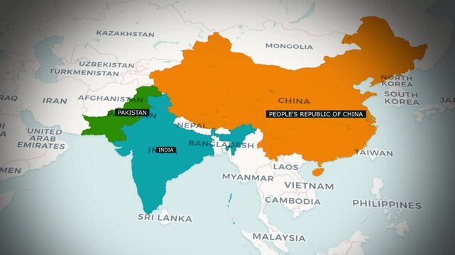 Geographic Borders of India China, and Pakistan &ndash; High-Resolution Map