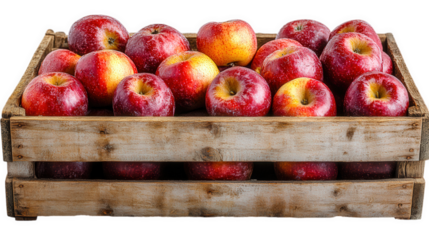 A wooden crate overflowing with bright red apples, perfectly ripe and ready for picking.