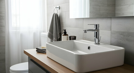 bathroom,  sink,  faucet, Modern Bathroom Sink with Chrome Faucet and Wooden Vanity