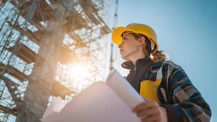 Visionary Blueprint: A determined female architect, clad in a yellow hard hat, intently studies architectural plans on a bustling construction site, embodying the vision of structural innovation.