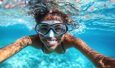 Naklejka premium Underwater selfie of a smiling woman snorkeling in clear blue water
