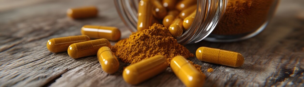 Close-up view of turmeric capsules and powder.