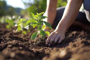 Person planting a small green plant in rich soil, surrounded by greenery in a sunny garden