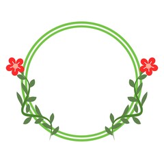 A simple round frame made of green vines with small leaves and red flowers, set against a white background, ideal for a natural and elegant design