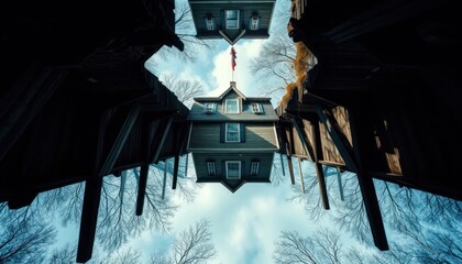 Surreal mirrored house landscape with flag against a blue sky