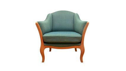Armchair with a curved wooden frame and legs, featuring a blue upholstered seat and backrest
