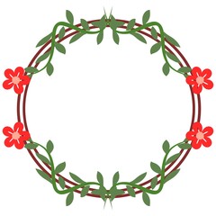 A simple round frame made of green vines with small leaves and four red flowers at each corner, set against a white background, ideal for a natural and elegant design