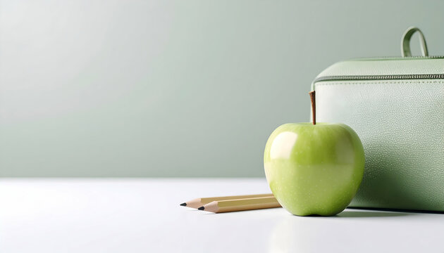 Green Apple Pencils and Sage Green Backpack on White Desk Back to School