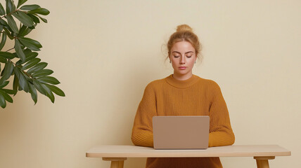 Young woman with blonde hair tied in bun wearing mustard sweater is sitting at wooden desk working on laptop in calm indoor setting with green plant nearby