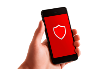 A hand hold a smartphone showing red shield icon, symbolizing digital protection and security for personal data isolated on transparent background