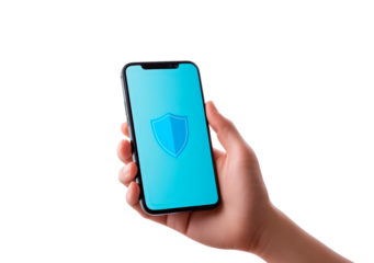 A person hold a smartphone displaying a with a shield isolated on transparent background