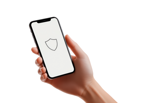 Smartphone displaying a shield icon symbolizing security and protection for personal data isolated on transparent background