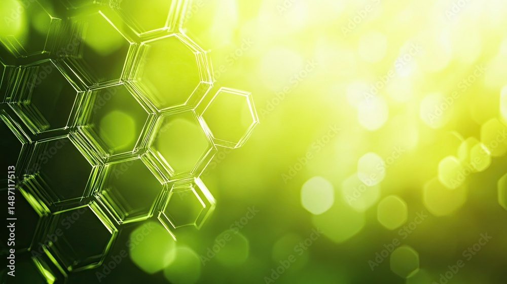 Poster abstract green background with hexagonal shapes and blurred bokeh lights creating a soft effect