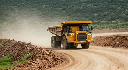 Obraz premium mining truck, dump truck, haul truck, Yellow Mining Dump Truck on a Dirt Road