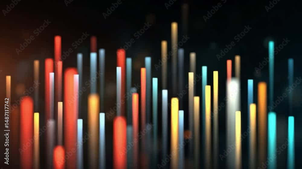 Poster abstract light columns: vibrant, multicolored light columns rise and fall against a dark background,
