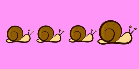 A cheerful illustration featuring four cute cartoon snails with brown shells and tiny eyes on stalks, moving across a pink background