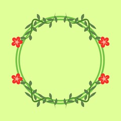 A simple round frame made of green vines with small leaves and four red flowers at each corner, set against a light green background, ideal for a natural and elegant design