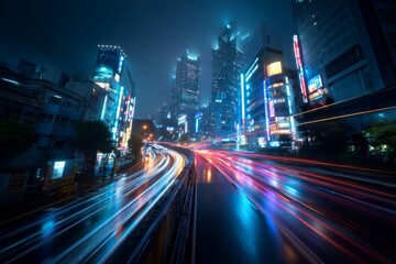 Naklejka premium Tokyo skyline at night with glowing city lights and light trails from traffic, neon signs, vibrant urban energy, futuristic vibe 