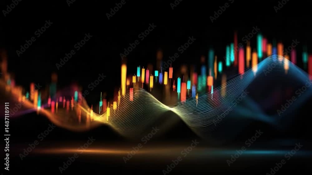 Poster digital data stream: dynamic digital representation of financial data streams, with multicolored lig