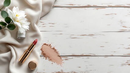 Elegant beauty product arrangement on white wooden table for presentation