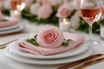 Soft pink rose on folded napkin with elegant white plate and glass of rose wine