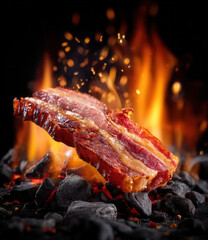 Crispy bacon slice cooking over hot charcoal with bright flames and sparks flying