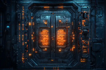 High-tech vessel doorway featuring mechanical fastenings and glowing security energy fields.