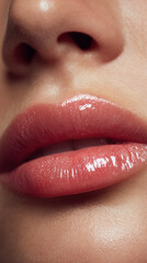 Glossy closeup of lips and nose showing smooth skin and natural beauty