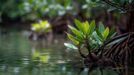 Young mangrove plant with green leaves growing in calm water of mangrove forest