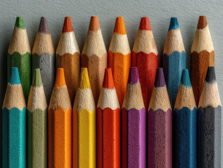 Close up of colorful sharpened pencils arranged in two rows showing vibrant texture and detail