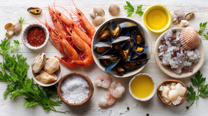 Fresh seafood ingredients including shrimp, mussels, herbs, and spices arranged white wooden