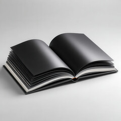 Open book with blank black pages on white background, empty pages for creative use