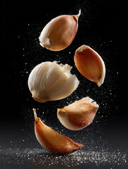 Garlic cloves in mid air with salt particles on black background, fresh and natural food