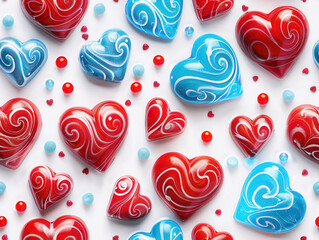 Colorful red and blue heart shaped candies with swirls and small round decorations white