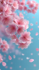 Pink cherry blossom flowers with petals falling gently on bright blue sky background