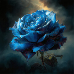 Blue rose with water droplets glowing softly in dark misty background, surreal and captivating