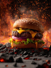 Juicy cheeseburger with lettuce, tomato, and onion on sesame bun with fiery background