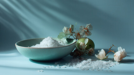 Sea salt in ceramic bowl with green apple and dried flowers on blue background