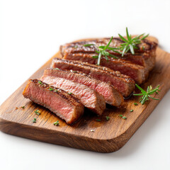 Sliced juicy steak cooked medium rare on wooden board with fresh rosemary herbs