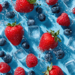 Fresh strawberries, blueberries, raspberries, and ice cubes splash refreshing water blue