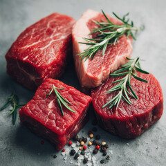 Raw beef steak cuts with fresh rosemary and peppercorns on gray surface
