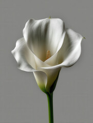 White calla lily flower with green stem on gray background, elegant and delicate bloom