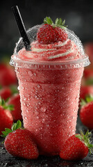 Strawberry smoothie with whipped cream and fresh strawberry on top, refreshing and cold drink