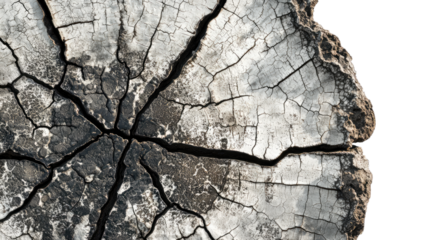 Close-up view of a weathered tree stump with deep cracks