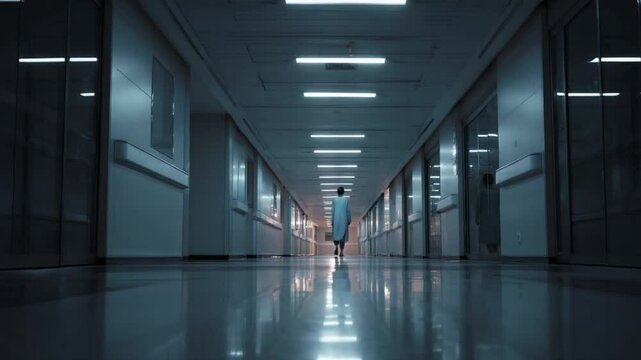 Solitary Figure in Hospital Corridor:  A lone figure walks down a sterile, dimly lit hospital corridor, casting a long shadow on the polished floor. The air is heavy with a sense of hushed expectancy.