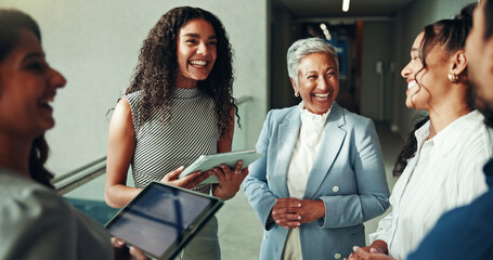Talking, schedule or business people on tablet in lobby for research, teamwork or accounting...