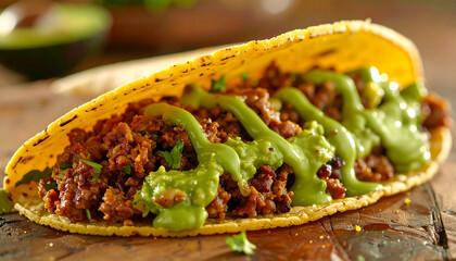 Close-up of a savory taco with seasoned ground meat and creamy green avocado sauce on a wooden surface.
