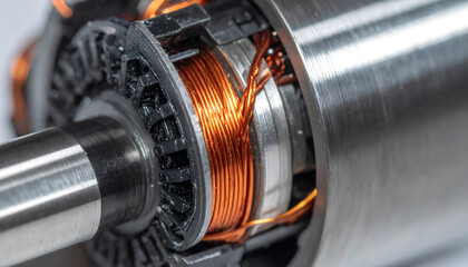 Fototapeta premium Close-up of an electric motor's internal copper windings and metallic components.