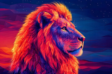 Naklejka premium Vivid geometric lion portrait against a starry twilight sky, showcasing warm colors and a modern, angular art style